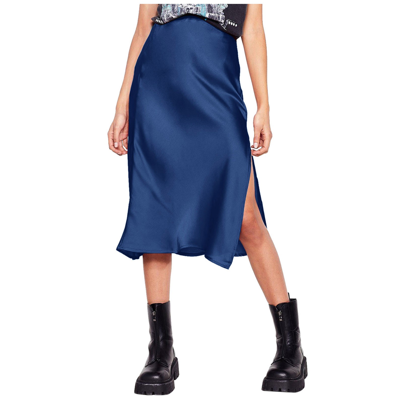 thumbnail image 2 of Falda de satén de cintura alta para mujer - Minifalda evasé con cintura elástica y cremallera - Elegante para fiestas/oficina - Tejido de satén S-XL, 2 of 5